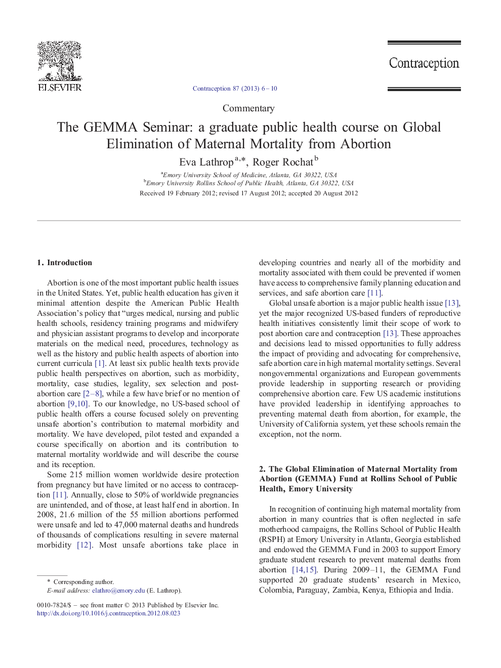 The GEMMA Seminar: a graduate public health course on Global Elimination of Maternal Mortality from Abortion