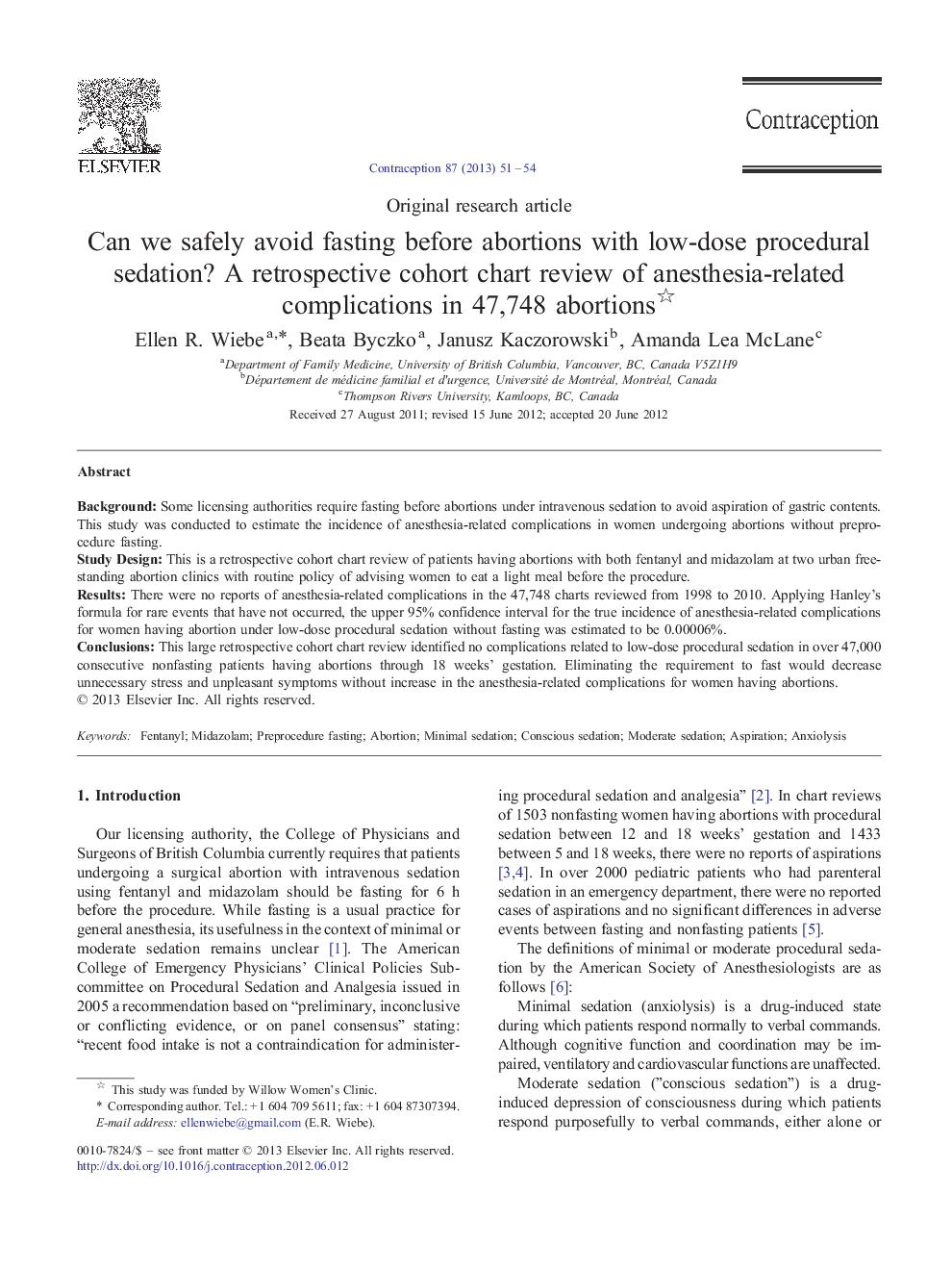 Can we safely avoid fasting before abortions with low-dose procedural sedation? A retrospective cohort chart review of anesthesia-related complications in 47,748 abortions 