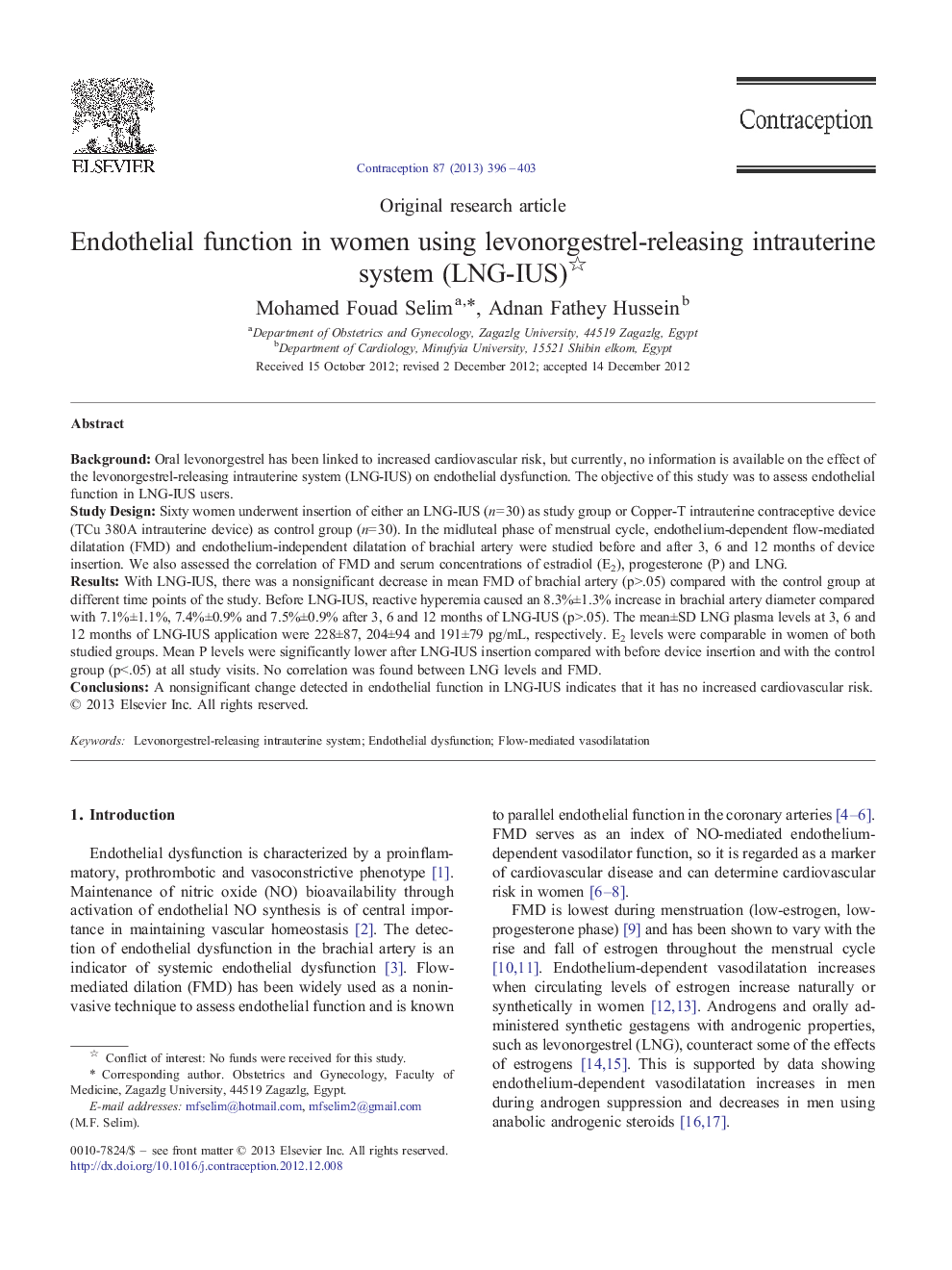 Endothelial function in women using levonorgestrel-releasing intrauterine system (LNG-IUS) 