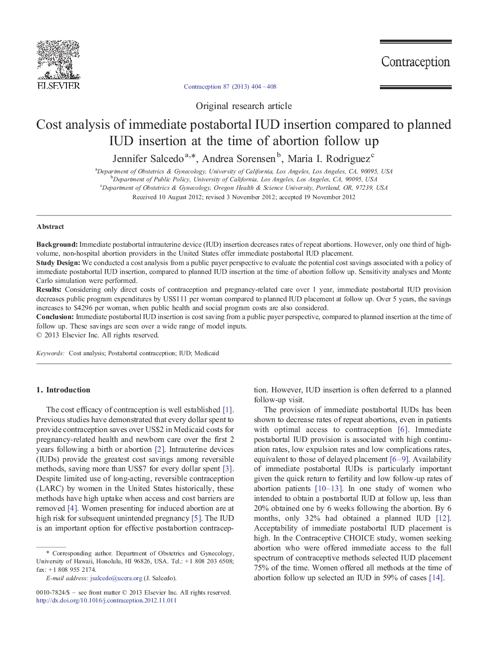 Cost analysis of immediate postabortal IUD insertion compared to planned IUD insertion at the time of abortion follow up