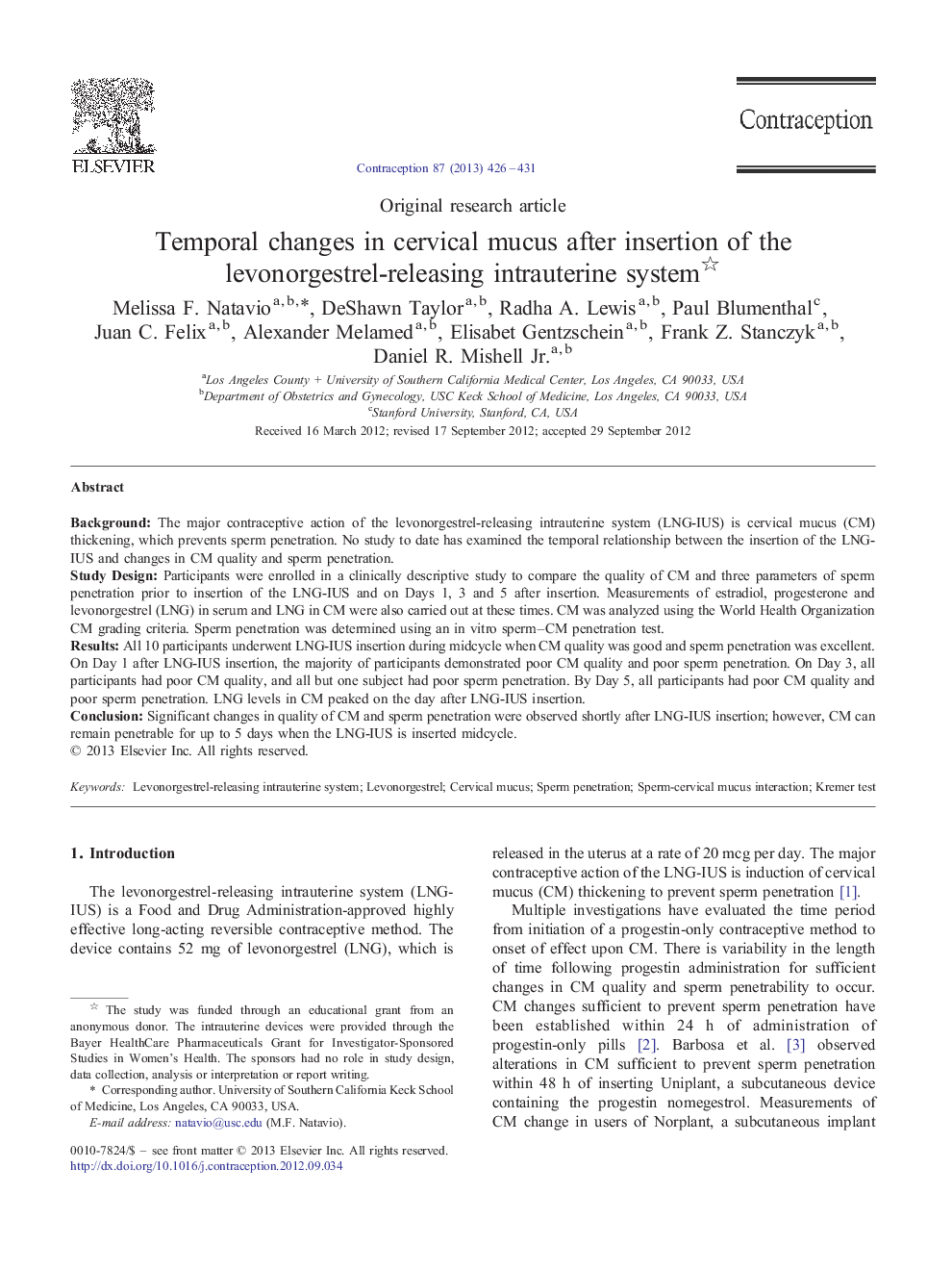 Temporal changes in cervical mucus after insertion of the levonorgestrel-releasing intrauterine system 