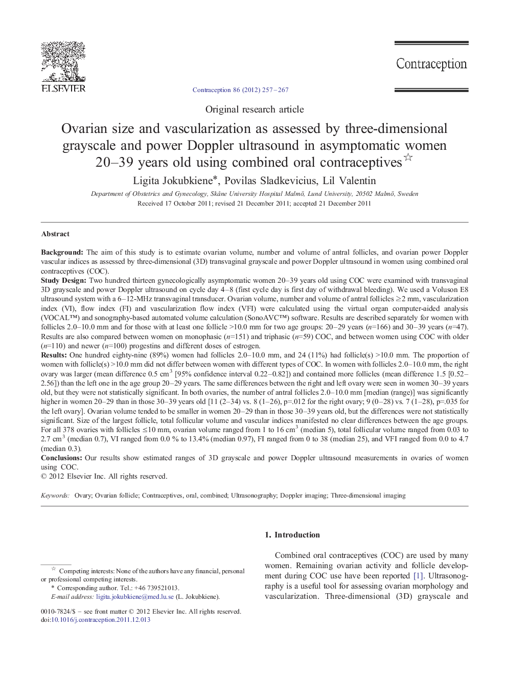 Ovarian size and vascularization as assessed by three-dimensional grayscale and power Doppler ultrasound in asymptomatic women 20–39 years old using combined oral contraceptives 