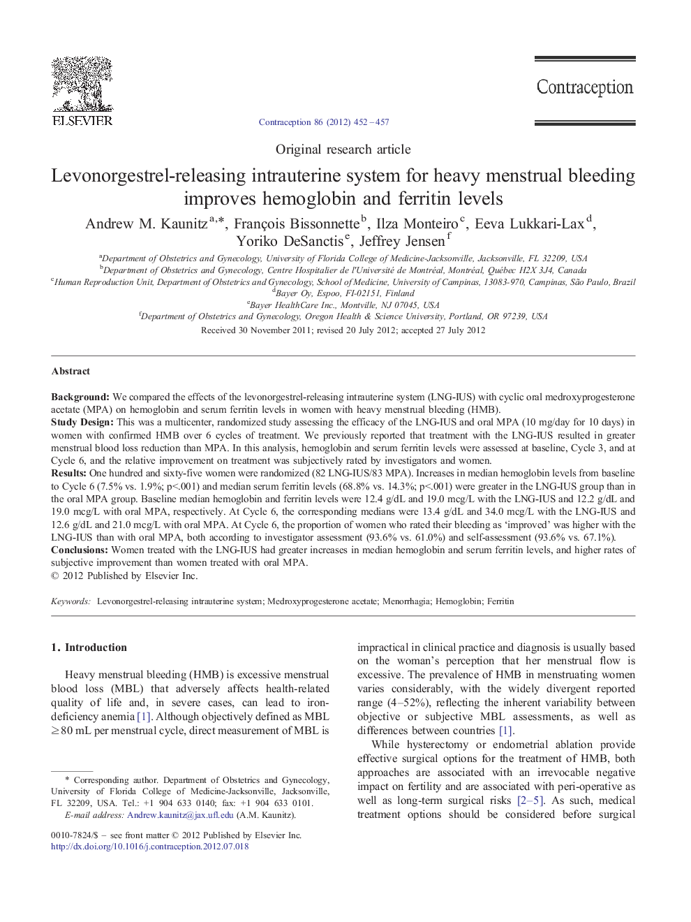 Levonorgestrel-releasing intrauterine system for heavy menstrual bleeding improves hemoglobin and ferritin levels