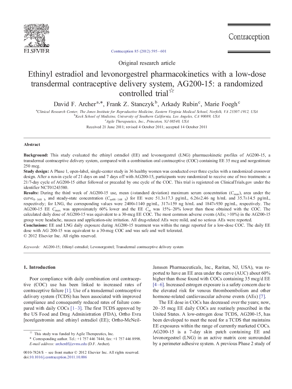 Ethinyl estradiol and levonorgestrel pharmacokinetics with a low-dose transdermal contraceptive delivery system, AG200-15: a randomized controlled trial 