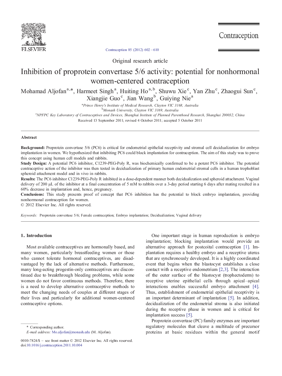 Inhibition of proprotein convertase 5/6 activity: potential for nonhormonal women-centered contraception