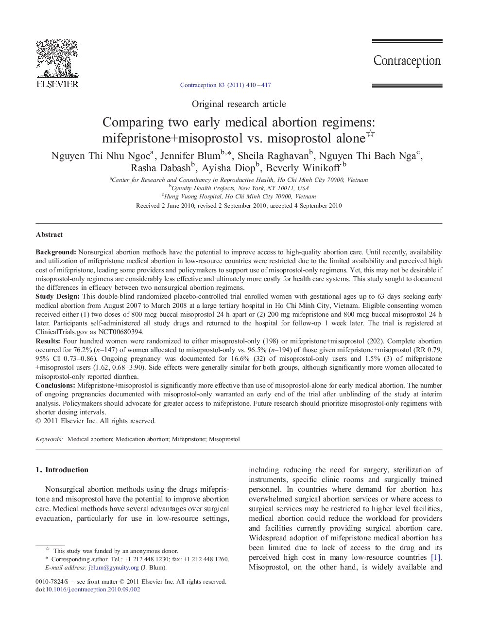 Comparing two early medical abortion regimens: mifepristone+misoprostol vs. misoprostol alone 