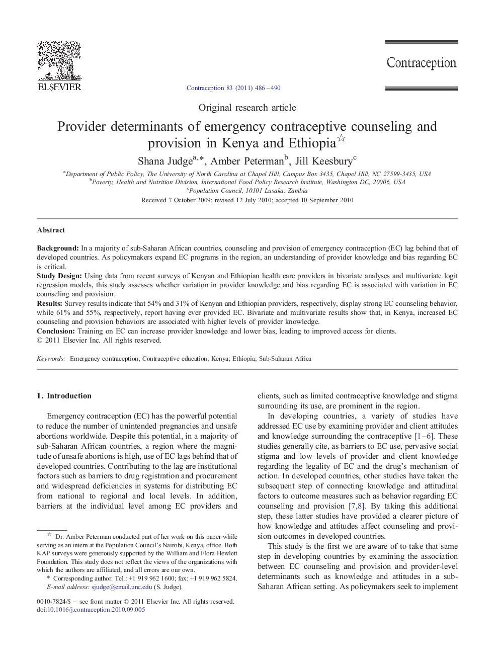 Provider determinants of emergency contraceptive counseling and provision in Kenya and Ethiopia 