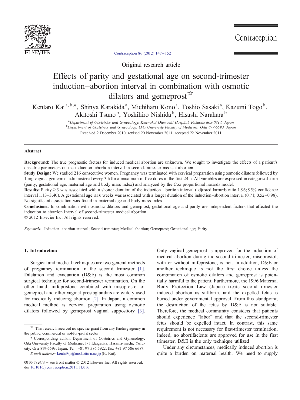 Effects of parity and gestational age on second-trimester induction–abortion interval in combination with osmotic dilators and gemeprost 