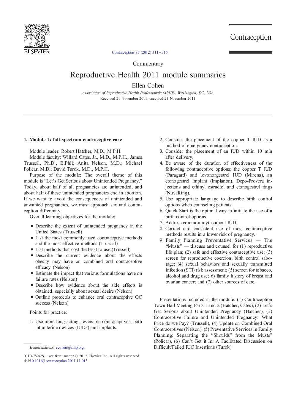Reproductive Health 2011 module summaries