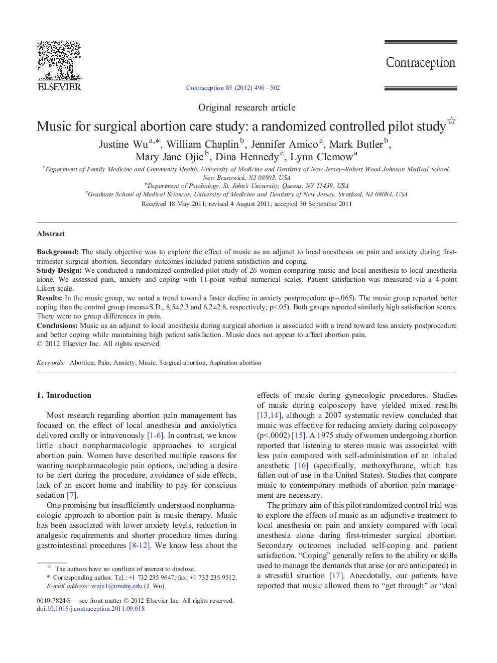 Music for surgical abortion care study: a randomized controlled pilot study 