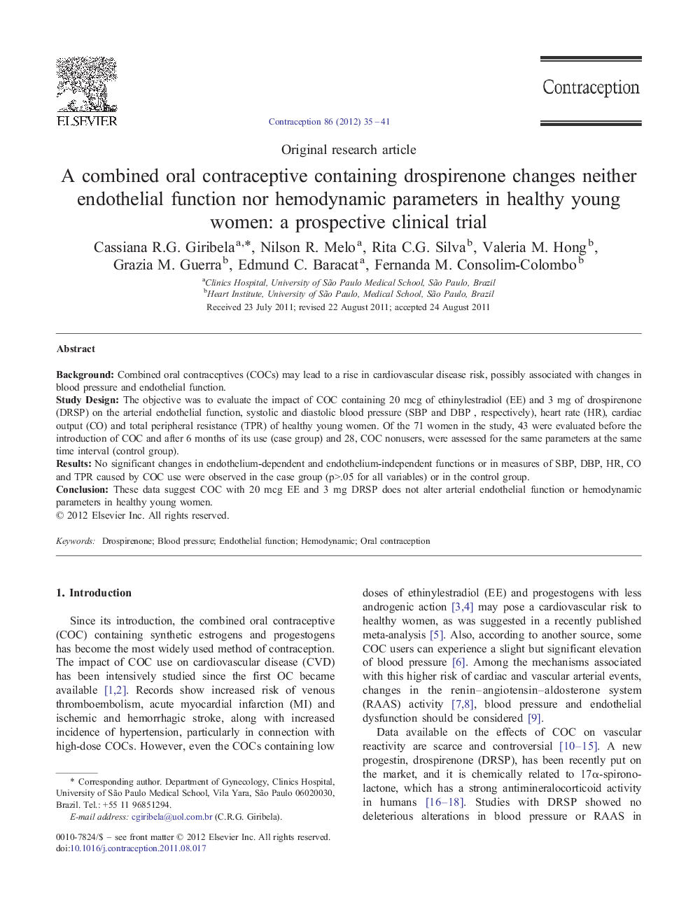 A combined oral contraceptive containing drospirenone changes neither endothelial function nor hemodynamic parameters in healthy young women: a prospective clinical trial