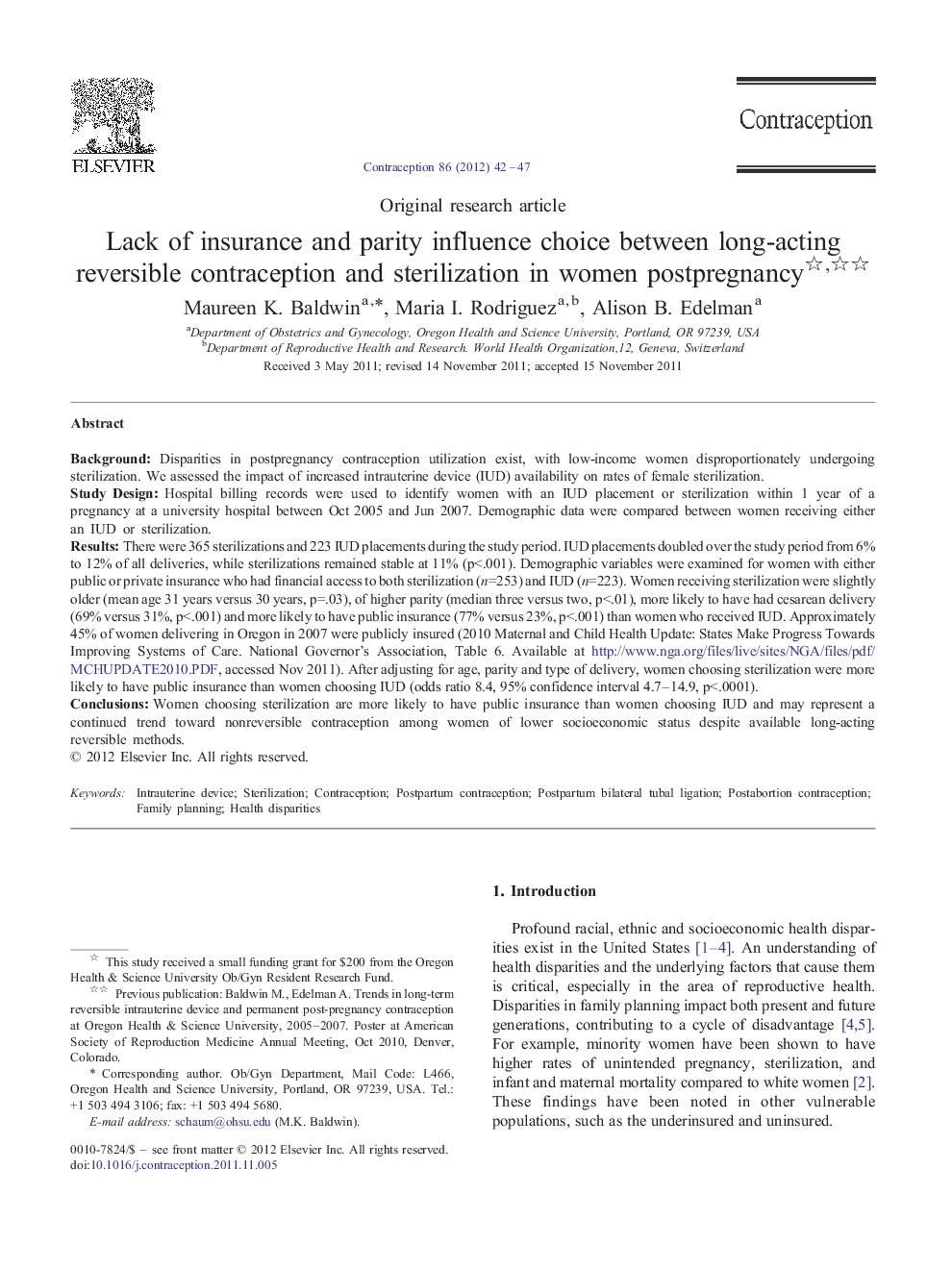 Lack of insurance and parity influence choice between long-acting reversible contraception and sterilization in women postpregnancy 