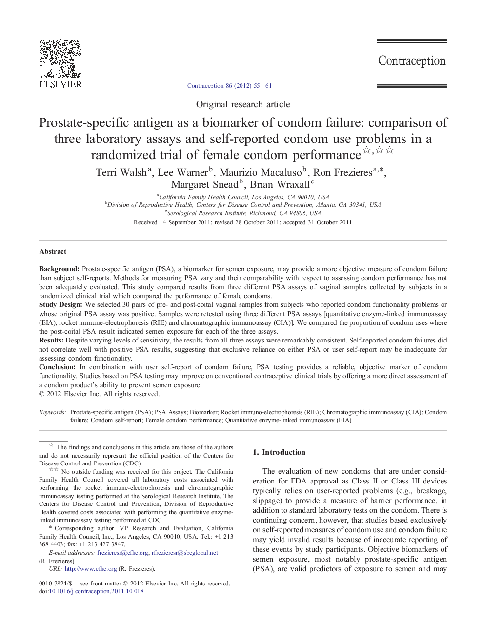 Prostate-specific antigen as a biomarker of condom failure: comparison of three laboratory assays and self-reported condom use problems in a randomized trial of female condom performance 