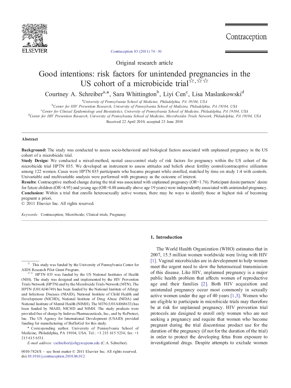 Good intentions: risk factors for unintended pregnancies in the US cohort of a microbicide trial 