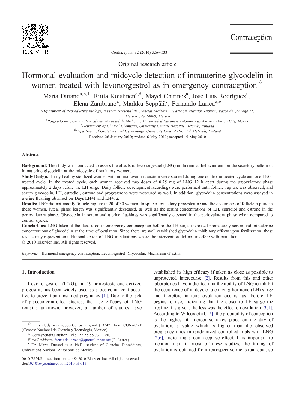 Hormonal evaluation and midcycle detection of intrauterine glycodelin in women treated with levonorgestrel as in emergency contraception 