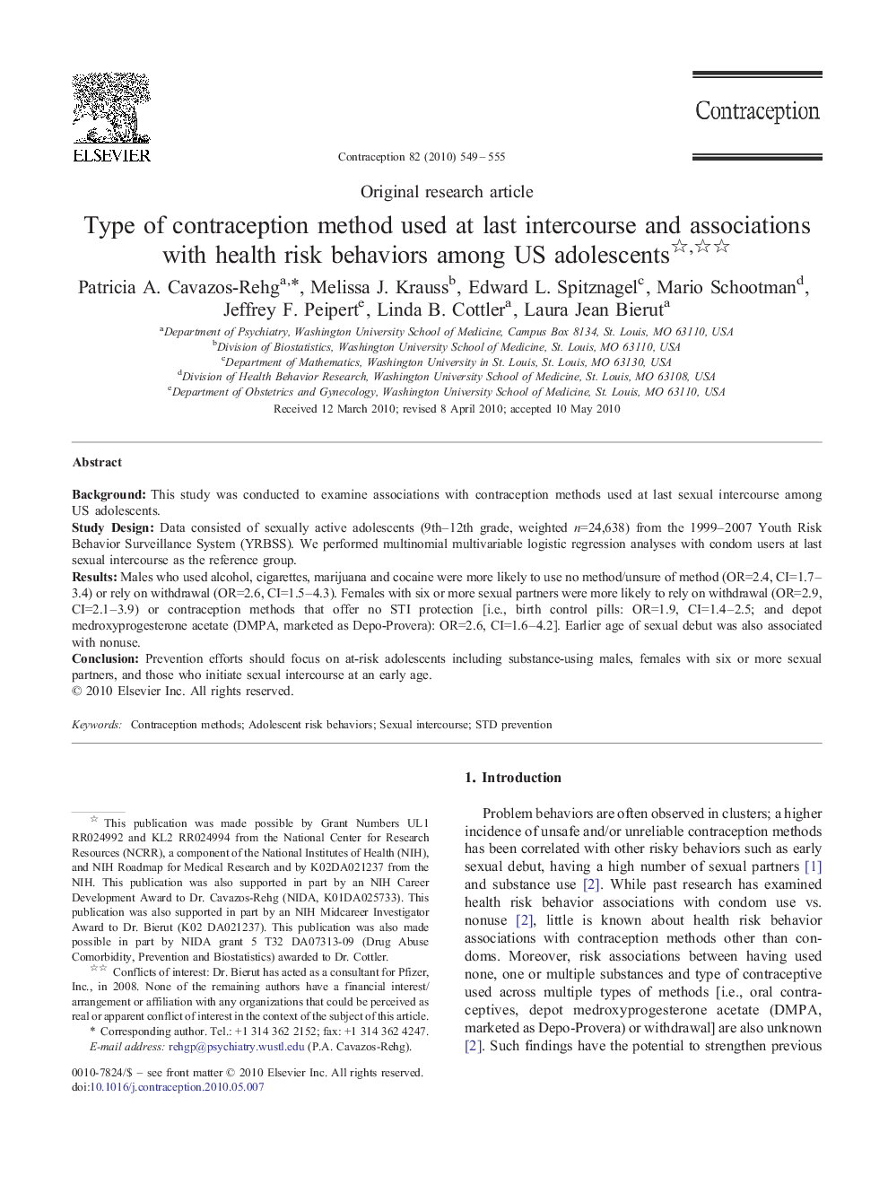 Type of contraception method used at last intercourse and associations with health risk behaviors among US adolescents 