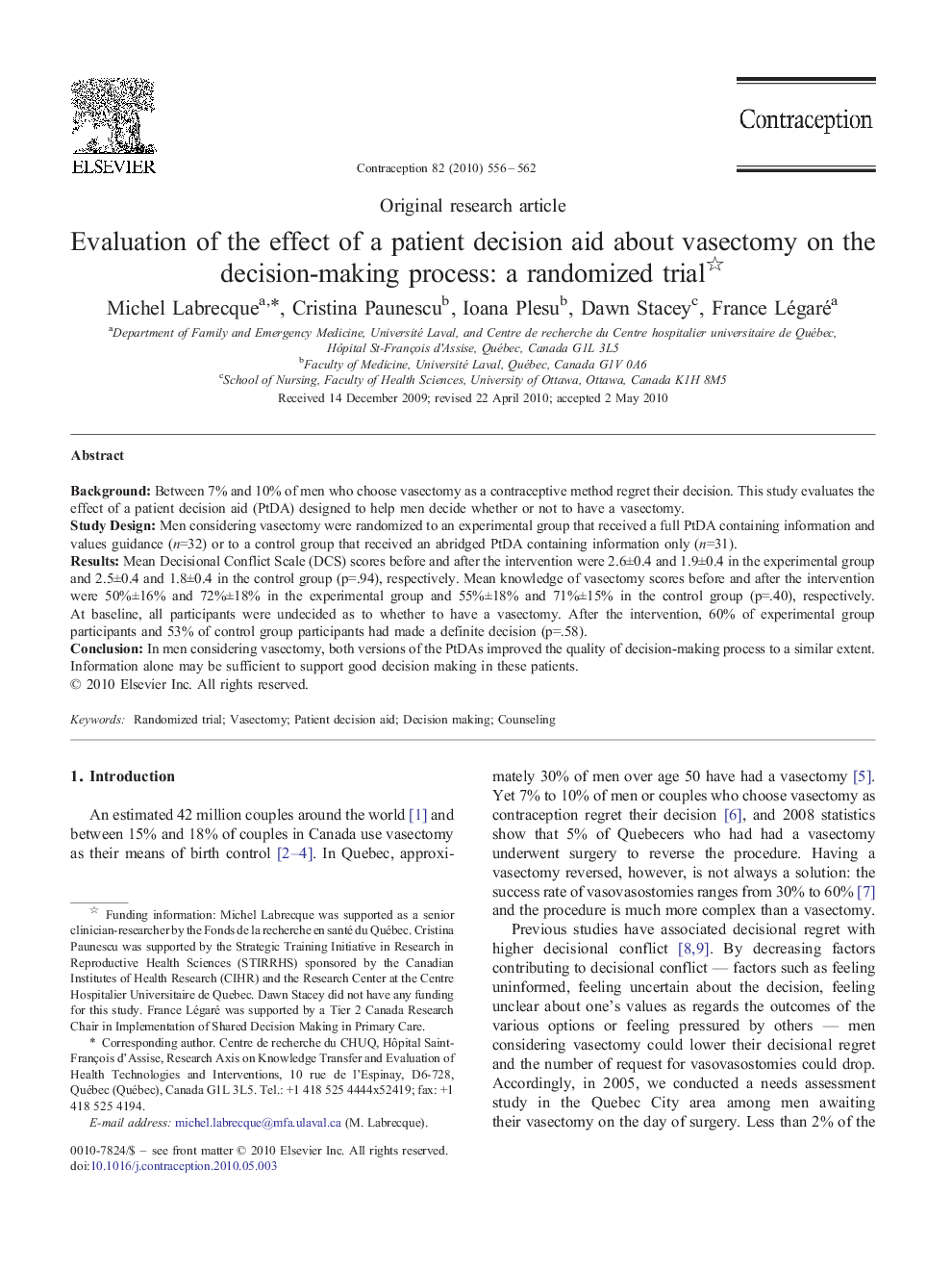 Evaluation of the effect of a patient decision aid about vasectomy on the decision-making process: a randomized trial 