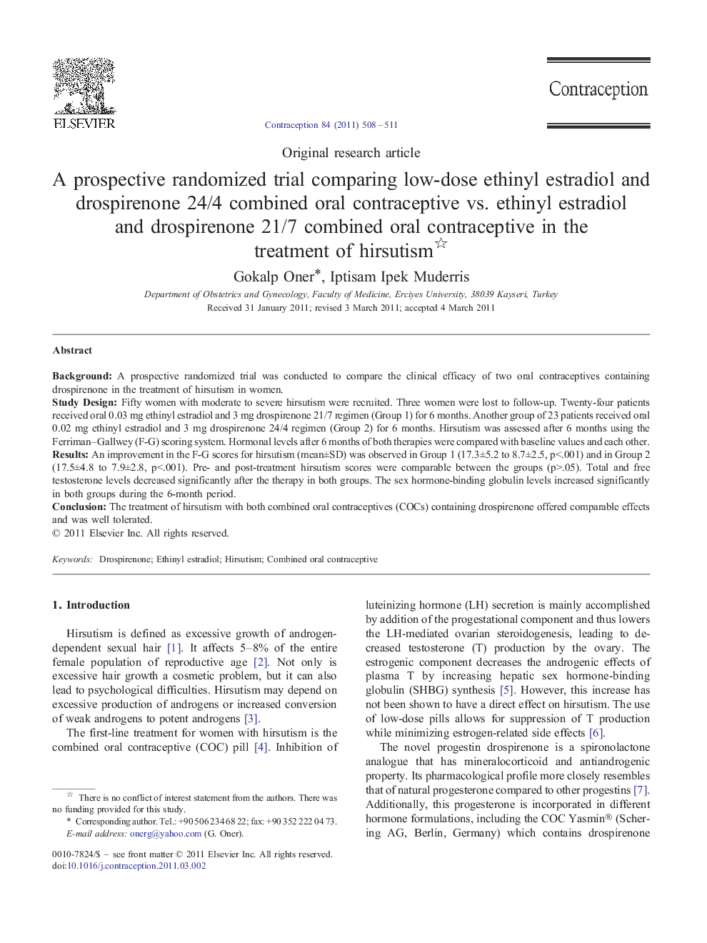 A prospective randomized trial comparing low-dose ethinyl estradiol and drospirenone 24/4 combined oral contraceptive vs. ethinyl estradiol and drospirenone 21/7 combined oral contraceptive in the treatment of hirsutism 