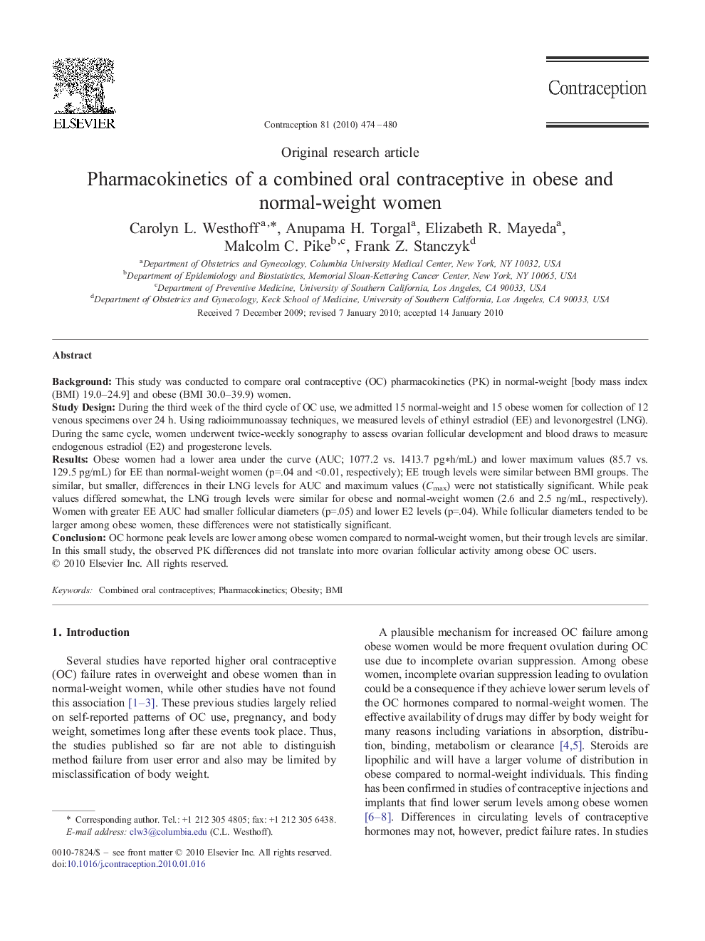 Pharmacokinetics of a combined oral contraceptive in obese and normal-weight women