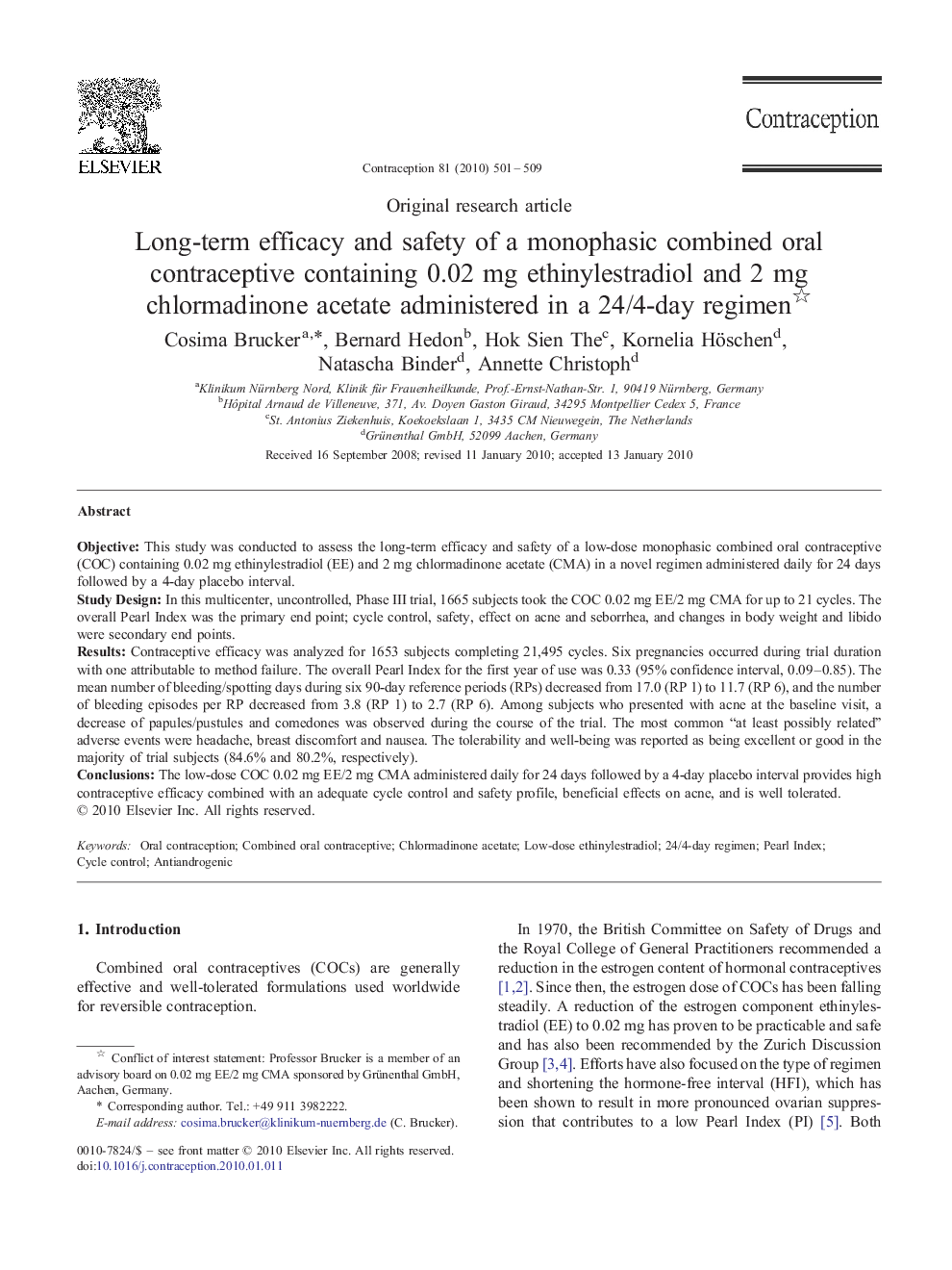Long-term efficacy and safety of a monophasic combined oral contraceptive containing 0.02 mg ethinylestradiol and 2 mg chlormadinone acetate administered in a 24/4-day regimen 