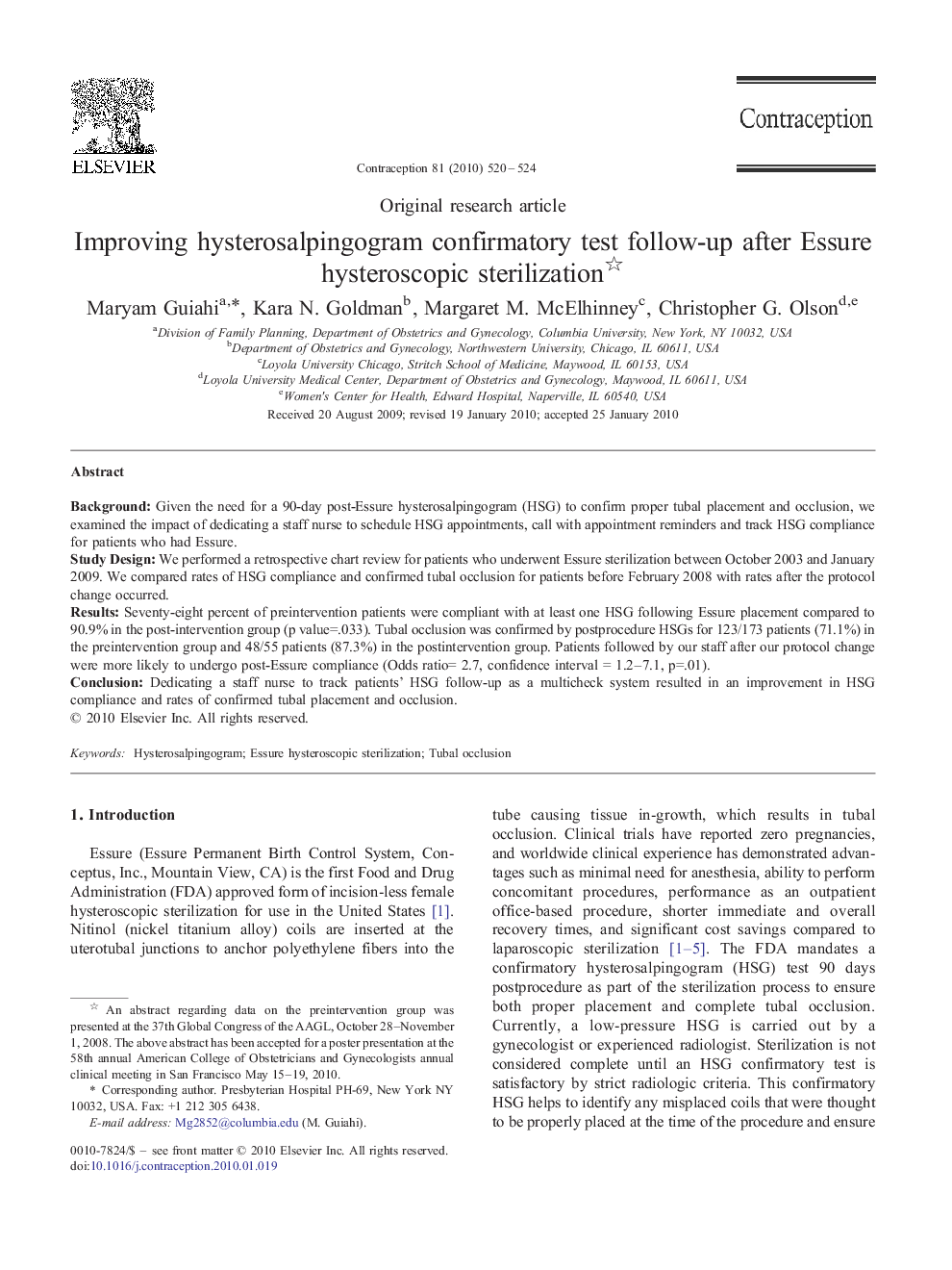 Improving hysterosalpingogram confirmatory test follow-up after Essure hysteroscopic sterilization 