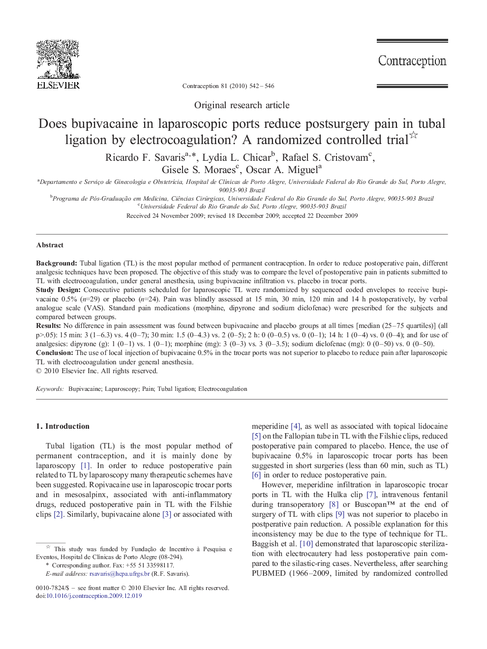 Does bupivacaine in laparoscopic ports reduce postsurgery pain in tubal ligation by electrocoagulation? A randomized controlled trial