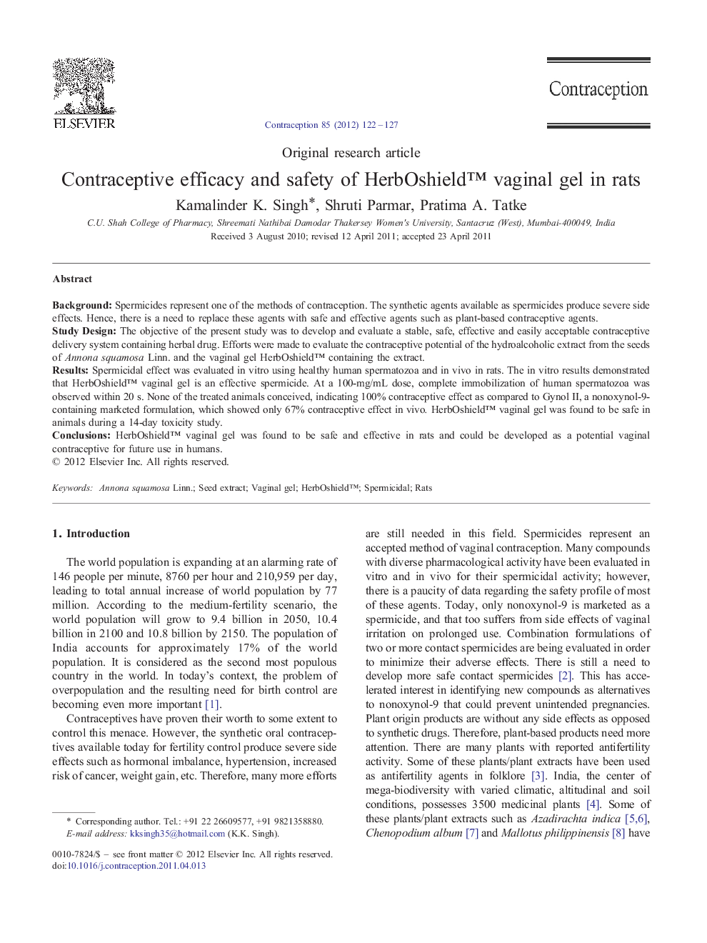 Contraceptive efficacy and safety of HerbOshield™ vaginal gel in rats