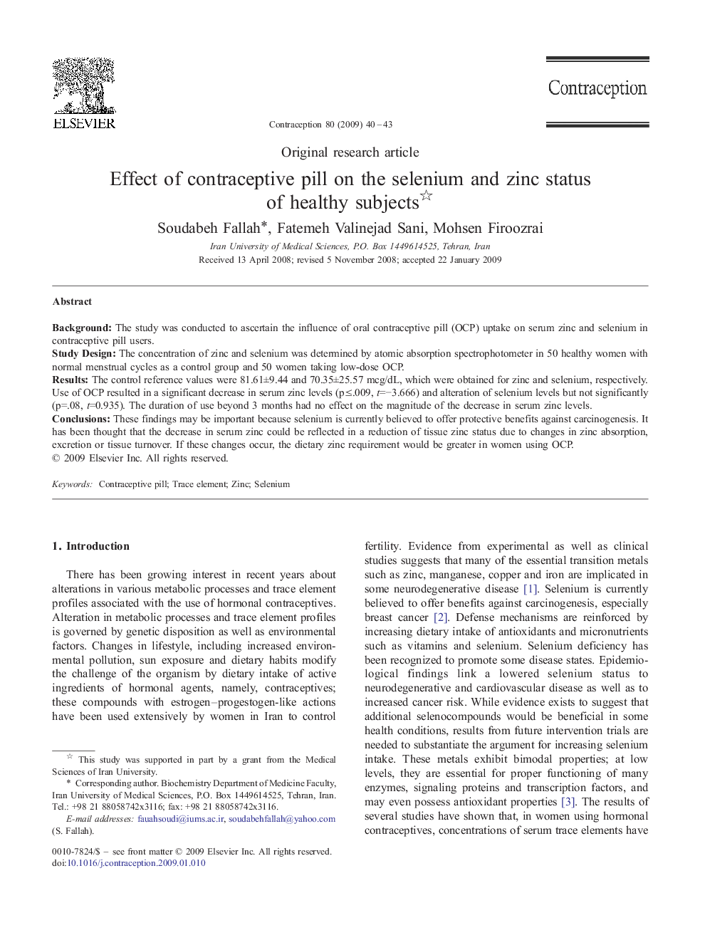 Effect of contraceptive pill on the selenium and zinc status of healthy subjects 