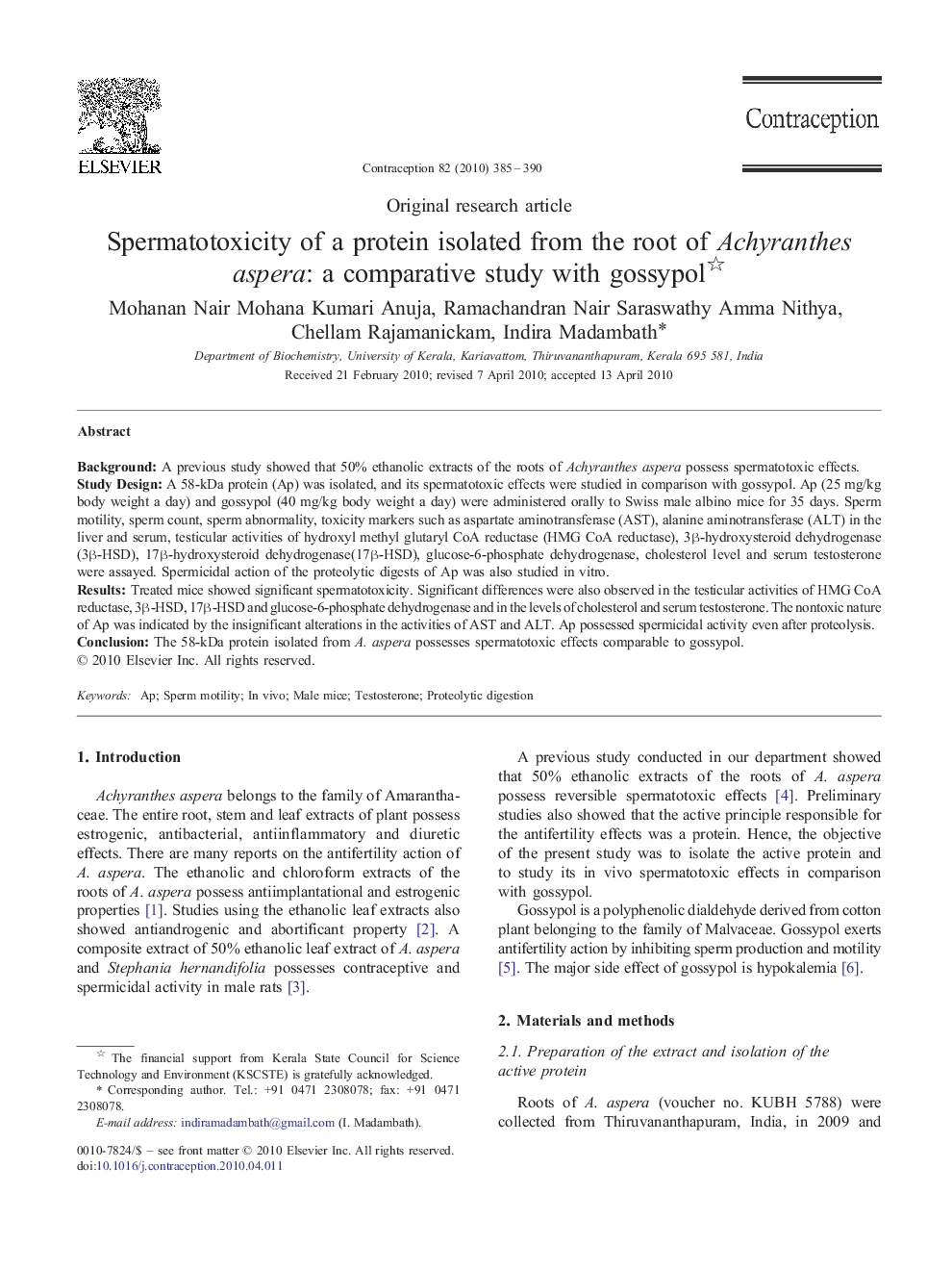 Spermatotoxicity of a protein isolated from the root of Achyranthes aspera: a comparative study with gossypol