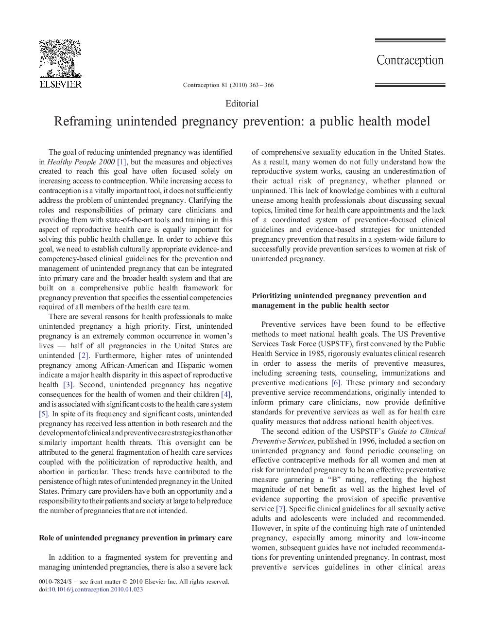 Reframing unintended pregnancy prevention: a public health model