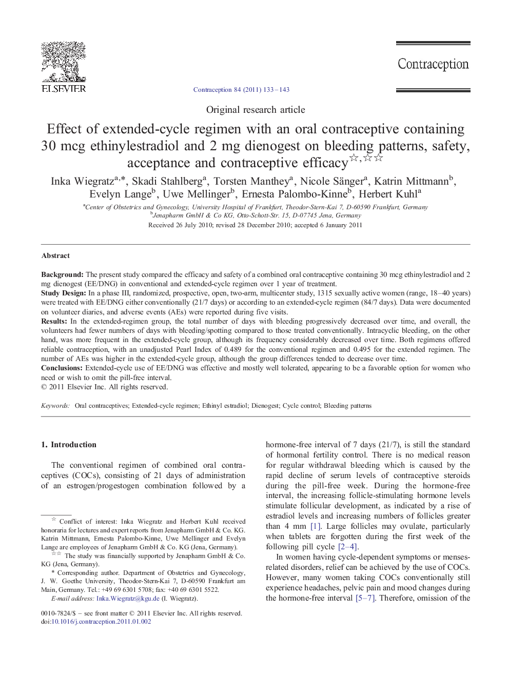 Effect of extended-cycle regimen with an oral contraceptive containing 30 mcg ethinylestradiol and 2 mg dienogest on bleeding patterns, safety, acceptance and contraceptive efficacy 