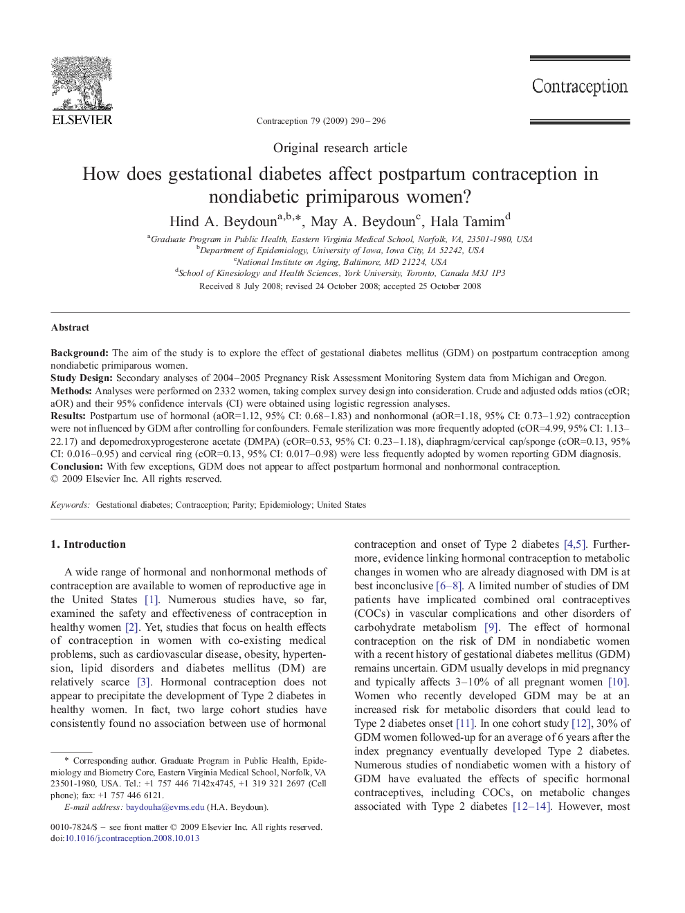 How does gestational diabetes affect postpartum contraception in nondiabetic primiparous women?