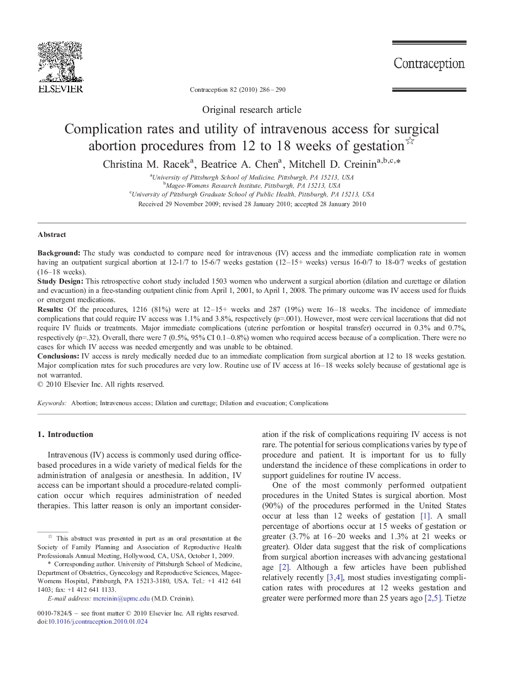 Complication rates and utility of intravenous access for surgical abortion procedures from 12 to 18 weeks of gestation 