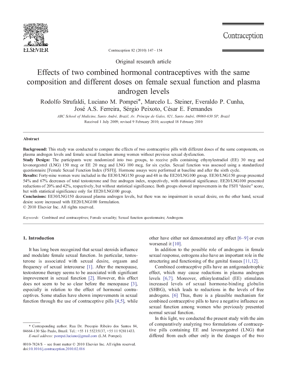 Effects of two combined hormonal contraceptives with the same composition and different doses on female sexual function and plasma androgen levels