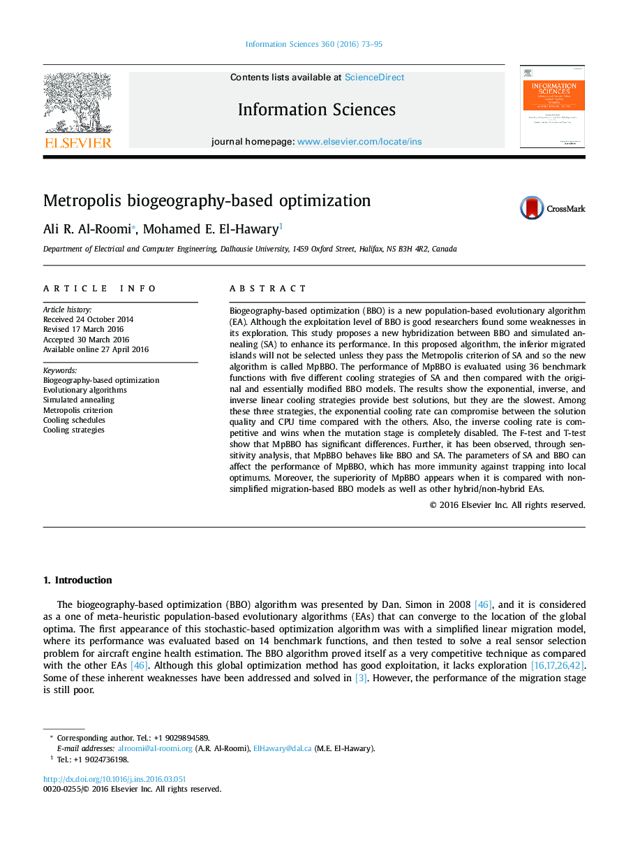 Metropolis biogeography-based optimization