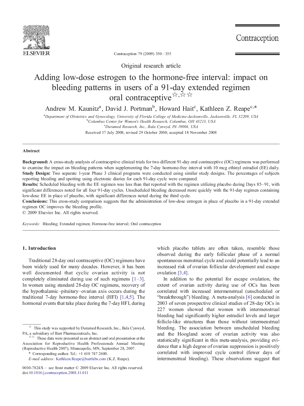 Adding low-dose estrogen to the hormone-free interval: impact on bleeding patterns in users of a 91-day extended regimen oral contraceptive 