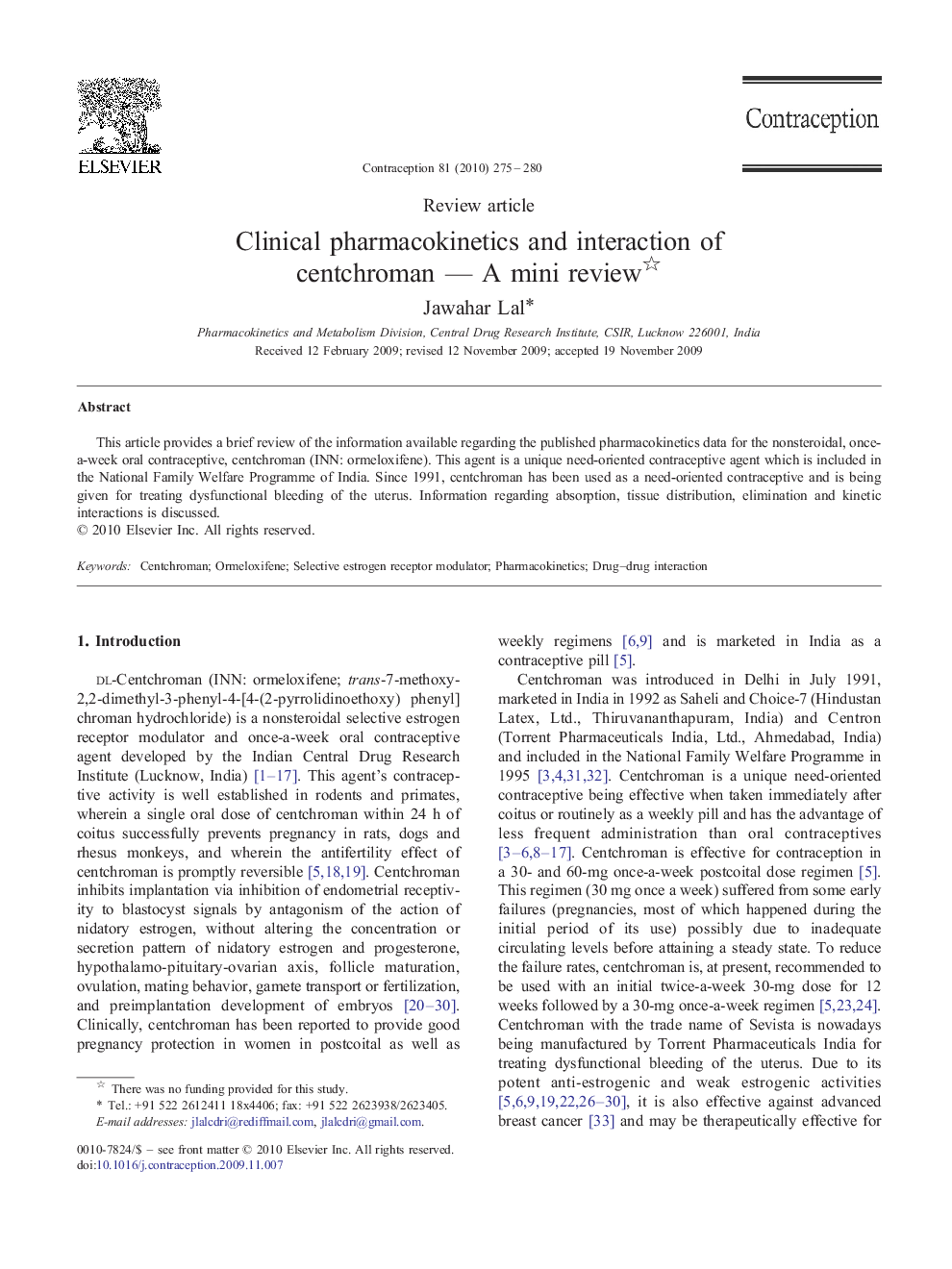 Clinical pharmacokinetics and interaction of centchroman — A mini review 