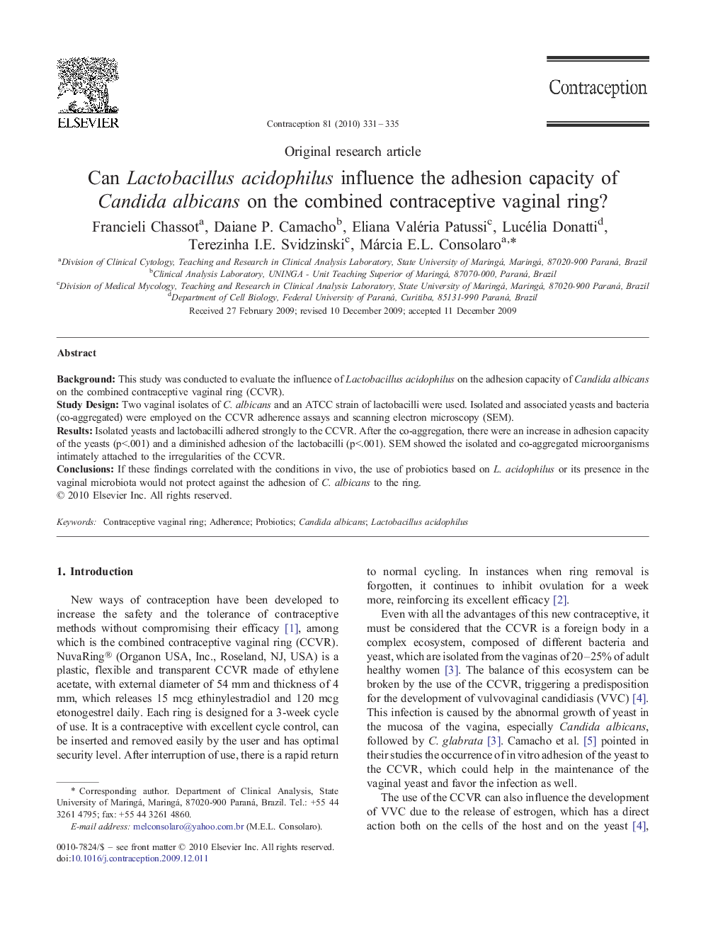 Can Lactobacillus acidophilus influence the adhesion capacity of Candida albicans on the combined contraceptive vaginal ring?