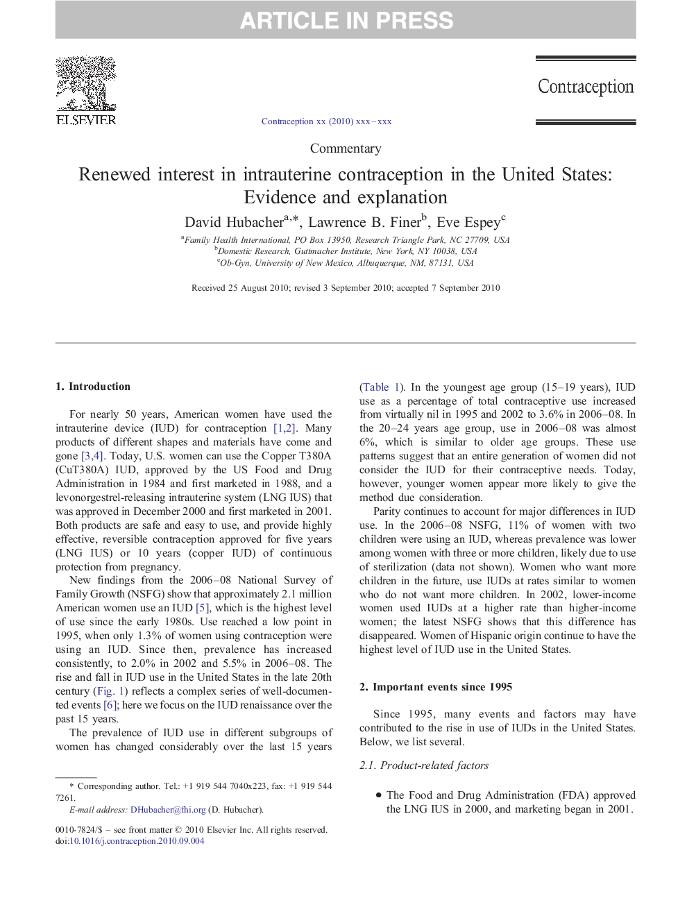 Renewed interest in intrauterine contraception in the United States: Evidence and explanation