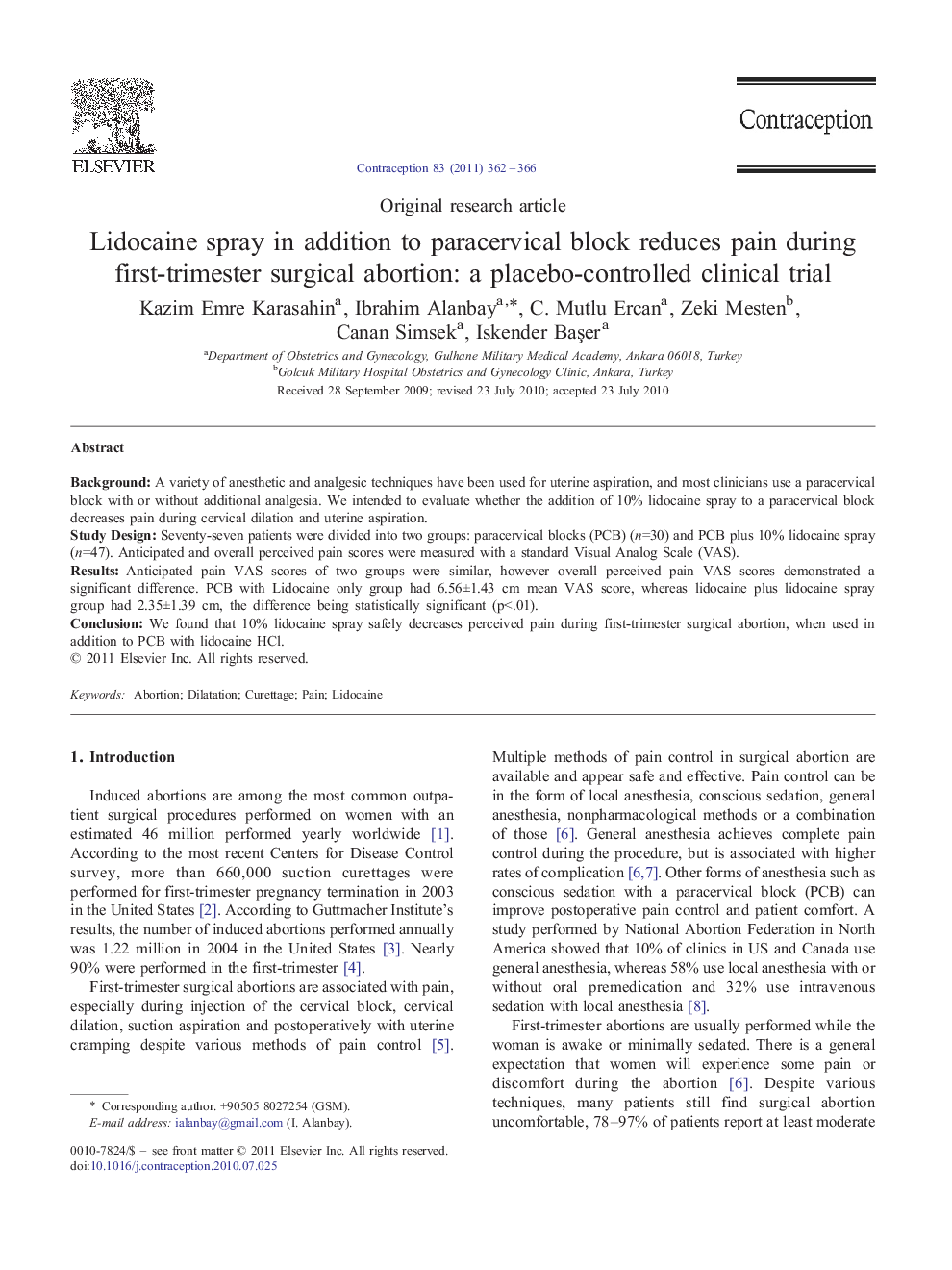 Lidocaine spray in addition to paracervical block reduces pain during first-trimester surgical abortion: a placebo-controlled clinical trial