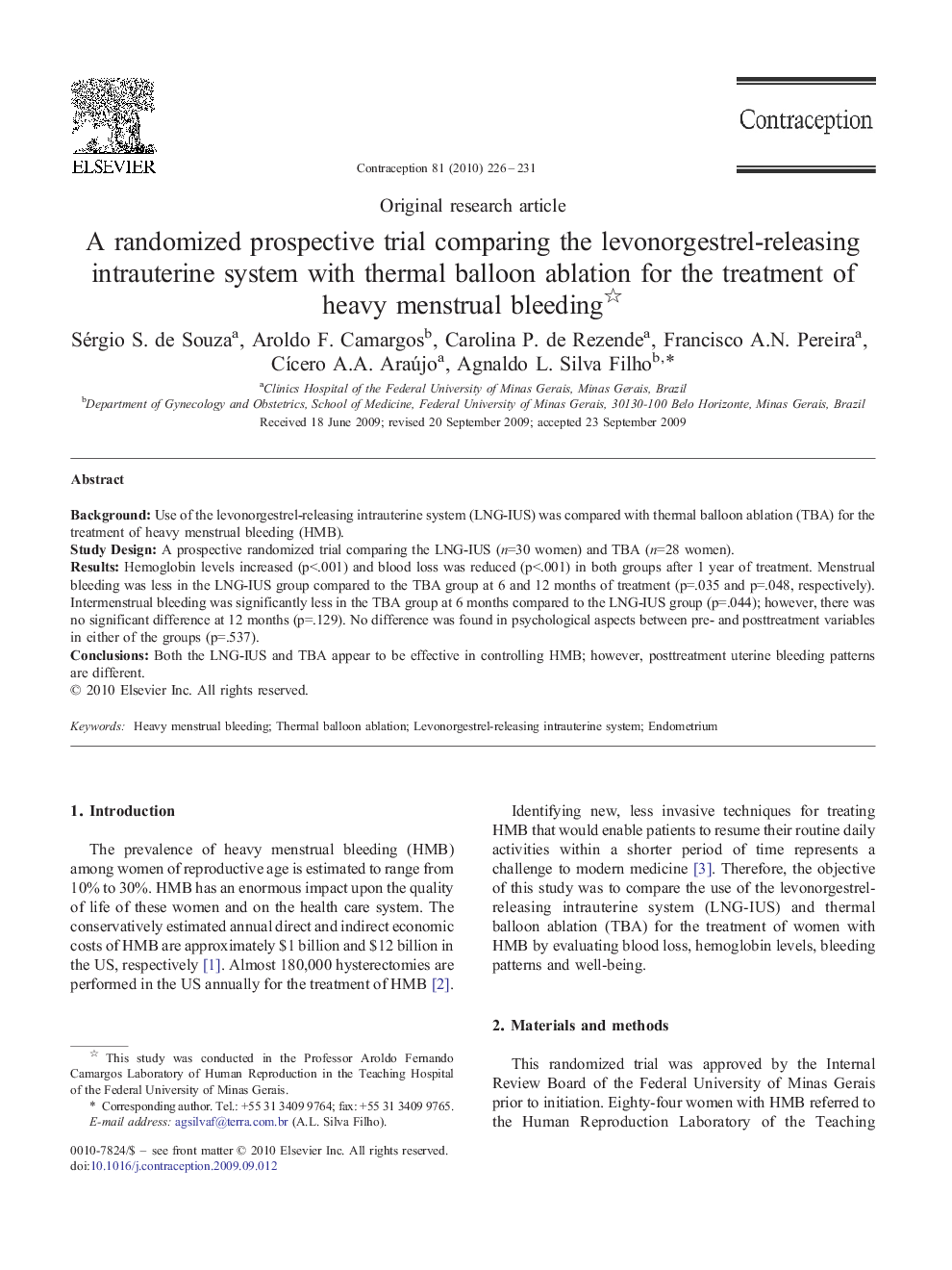 A randomized prospective trial comparing the levonorgestrel-releasing intrauterine system with thermal balloon ablation for the treatment of heavy menstrual bleeding 