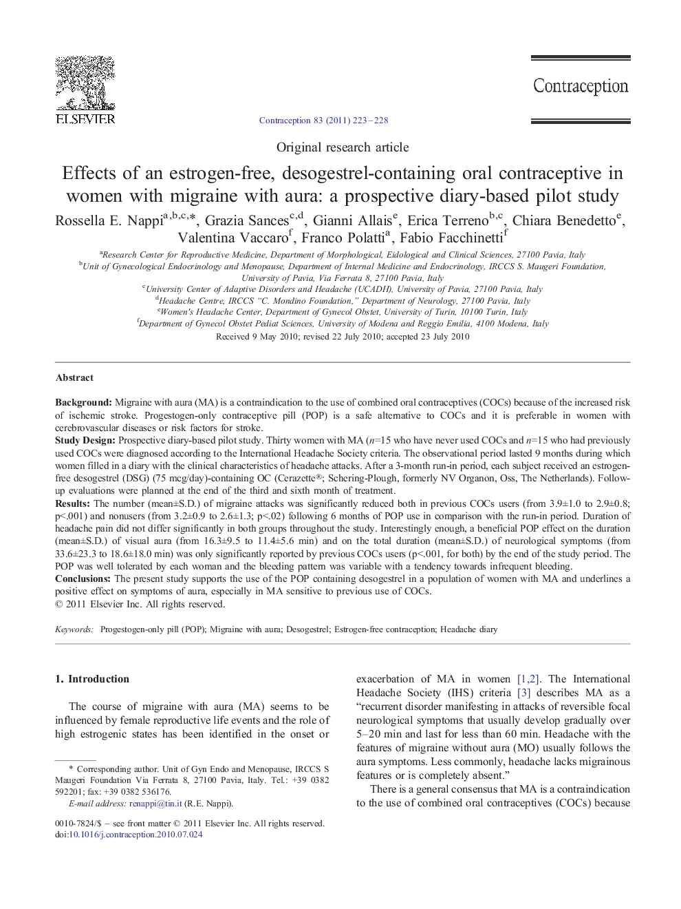 Effects of an estrogen-free, desogestrel-containing oral contraceptive in women with migraine with aura: a prospective diary-based pilot study