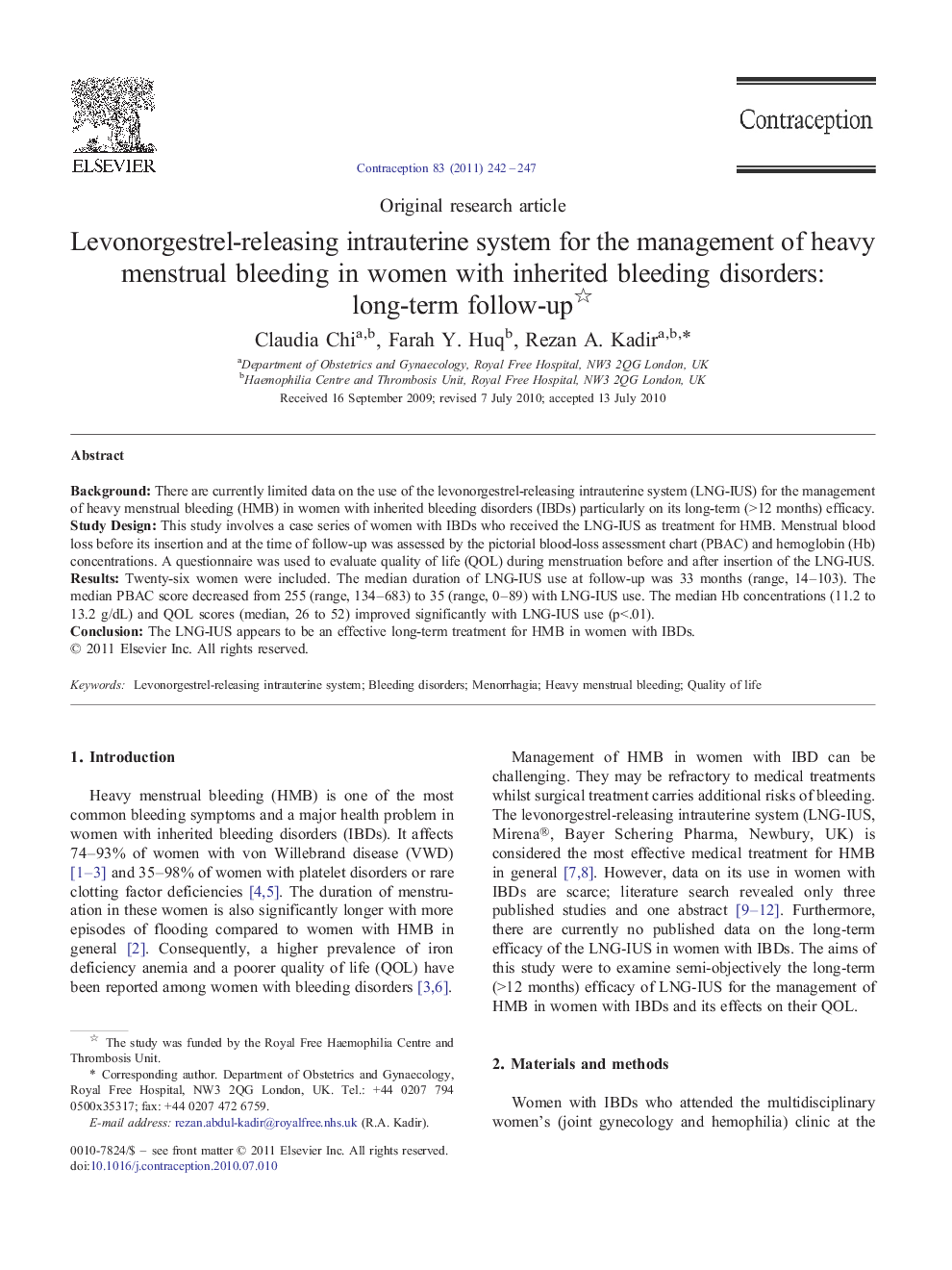 Levonorgestrel-releasing intrauterine system for the management of heavy menstrual bleeding in women with inherited bleeding disorders: long-term follow-up 