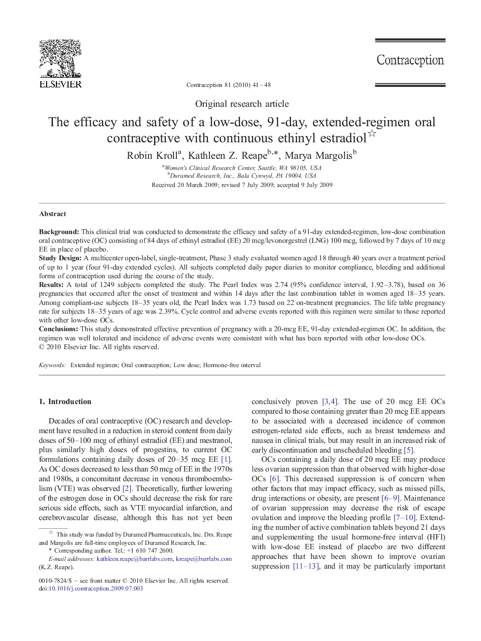 The efficacy and safety of a low-dose, 91-day, extended-regimen oral contraceptive with continuous ethinyl estradiol 