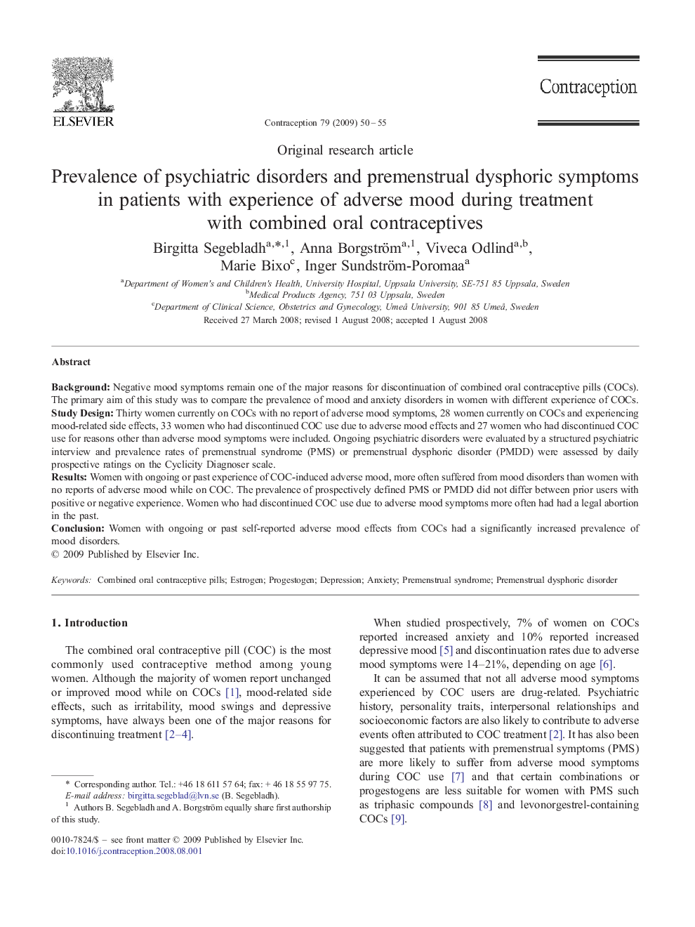 Prevalence of psychiatric disorders and premenstrual dysphoric symptoms in patients with experience of adverse mood during treatment with combined oral contraceptives