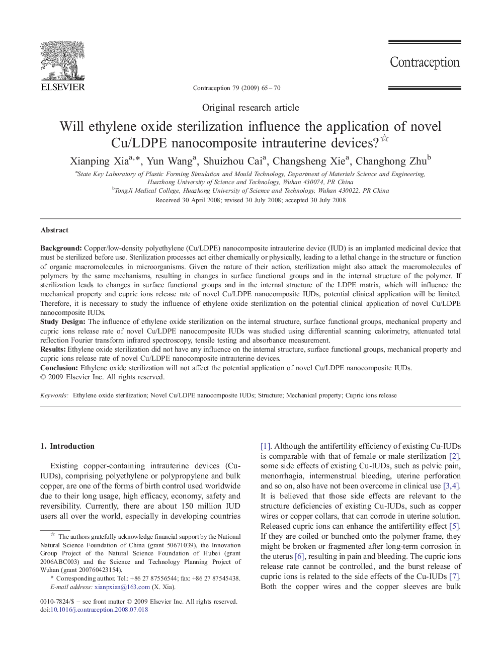 Will ethylene oxide sterilization influence the application of novel Cu/LDPE nanocomposite intrauterine devices?