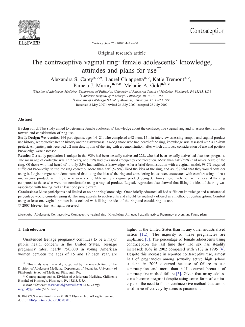 The contraceptive vaginal ring: female adolescents' knowledge, attitudes and plans for use 