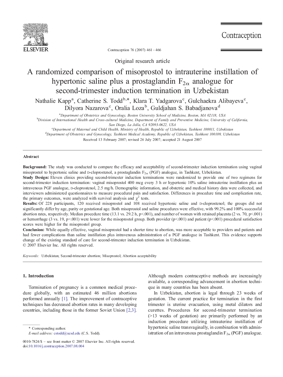 A randomized comparison of misoprostol to intrauterine instillation of hypertonic saline plus a prostaglandin F2α analogue for second-trimester induction termination in Uzbekistan