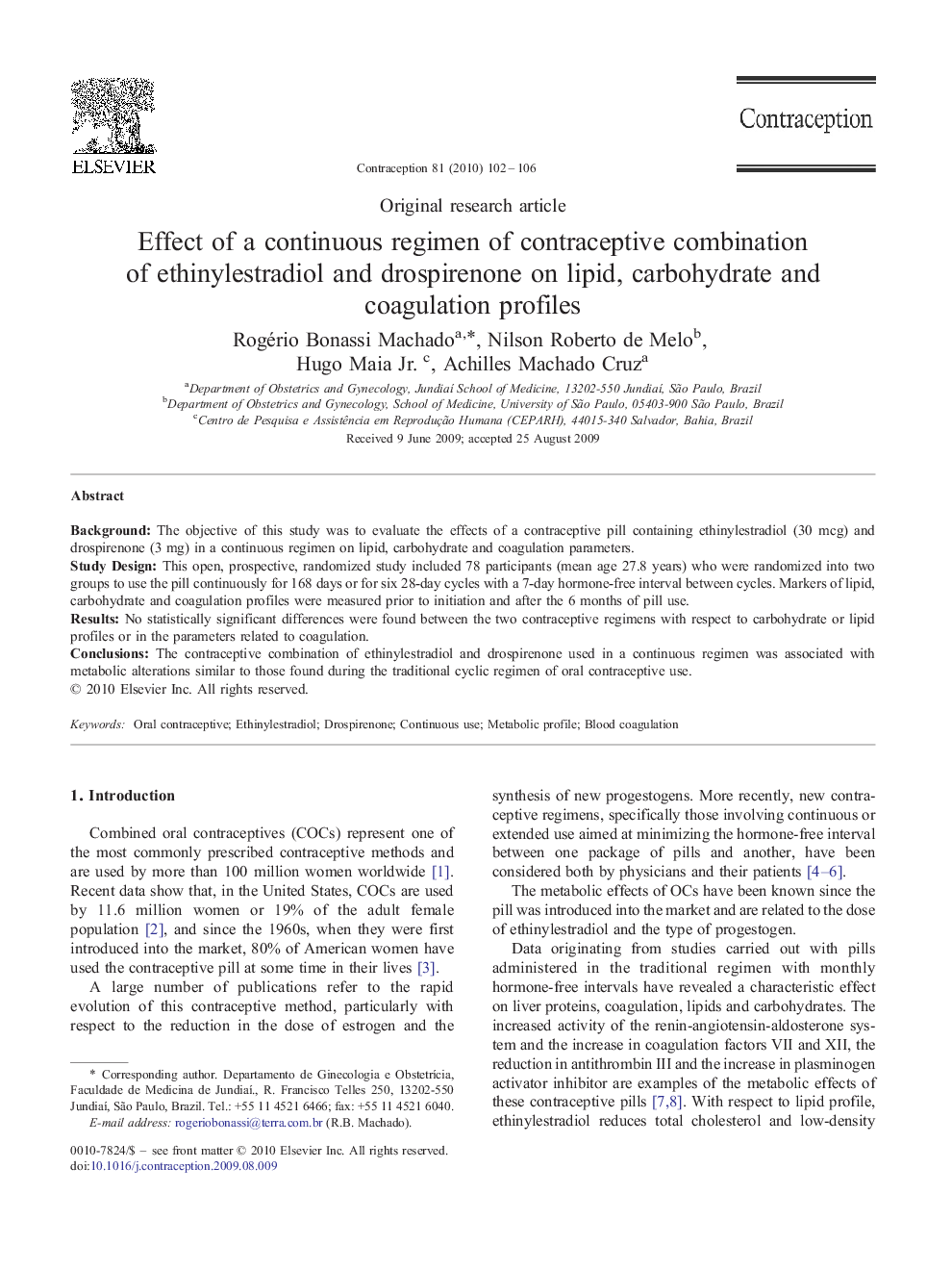 Effect of a continuous regimen of contraceptive combination of ethinylestradiol and drospirenone on lipid, carbohydrate and coagulation profiles