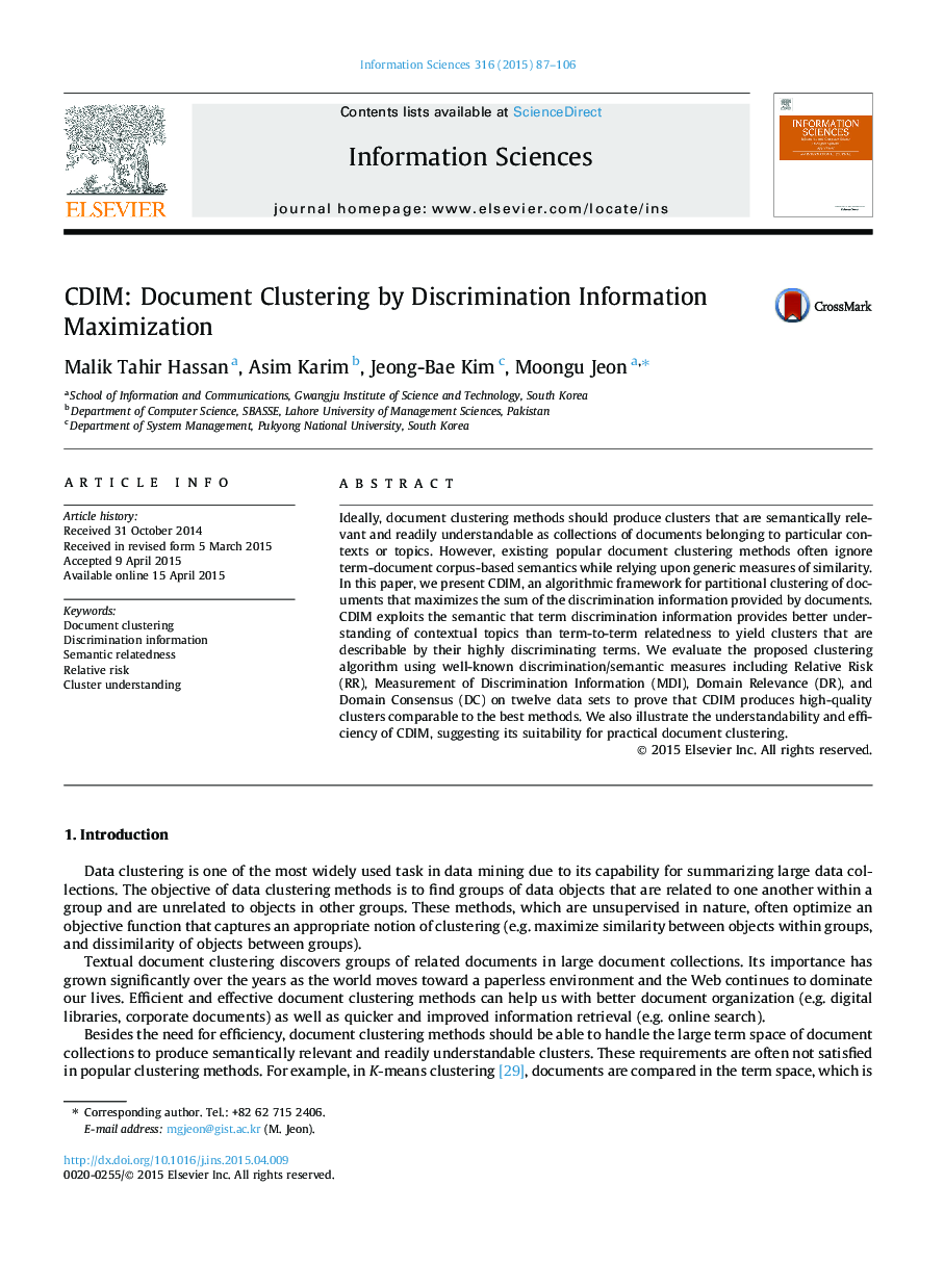 CDIM: Document Clustering by Discrimination Information Maximization